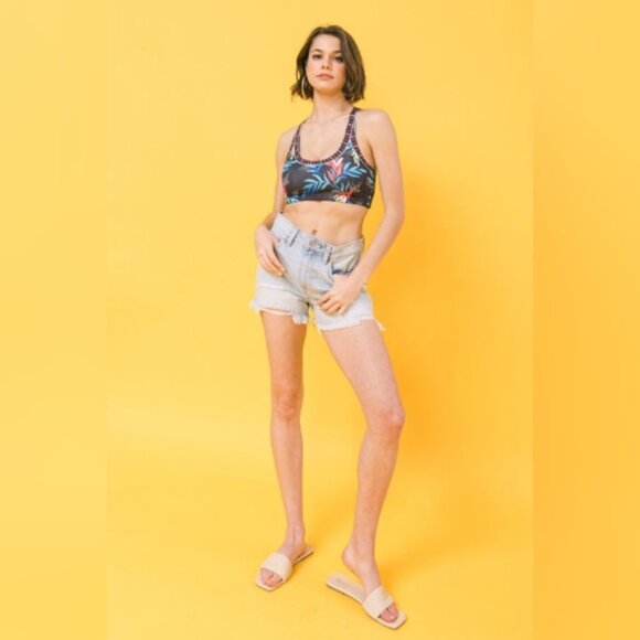 Flying Tomato | Floral Print Racerback Sports Bra Black Navy Blue New Large - Picture 3 of 8